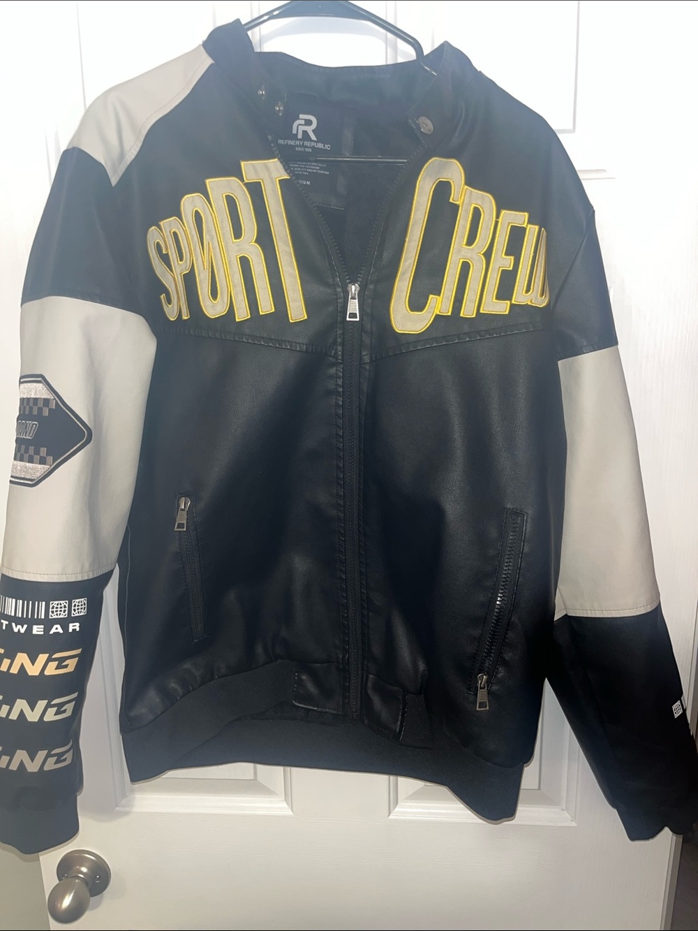 Men's Black & White Sport Crew Bomber Jacket with Yellow Lettering